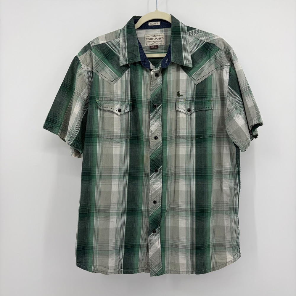 Cody James Mens XL Green Plaid Western Button Down Short Sleeve Slim Fit Shirt
